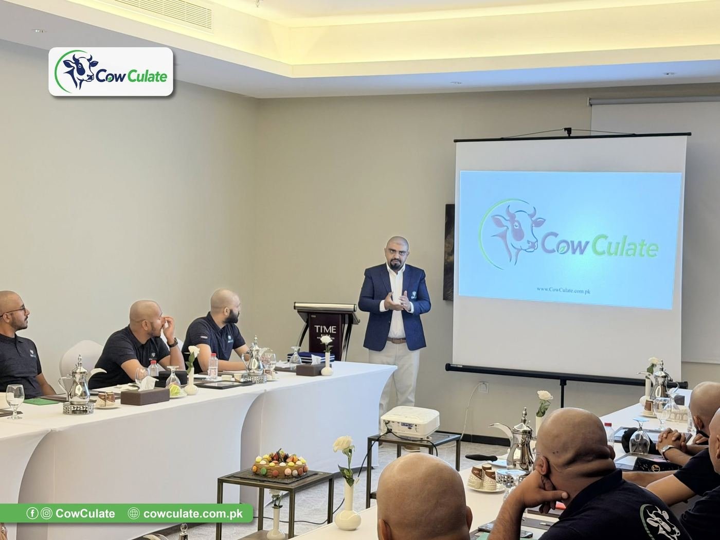Dr. Muhammad Awais Chaudhary presenting the CowCulate brand to launch event attendees